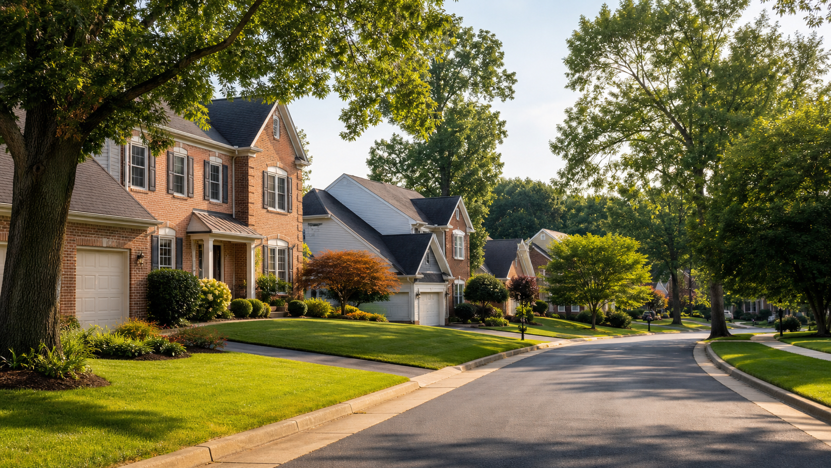 Tree-lined suburban street with detached brick homes in Fairfax, Virginia