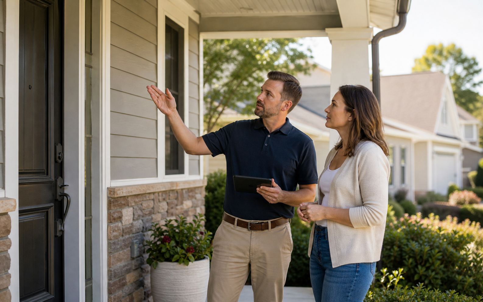 A homeowner reviewing an exterior home concern with a local home-services professional