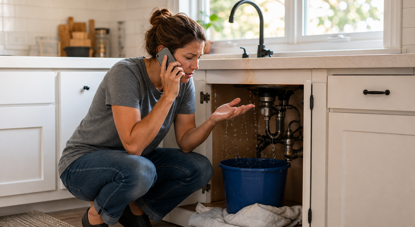 A homeowner calling for help beside leaking under-sink plumbing