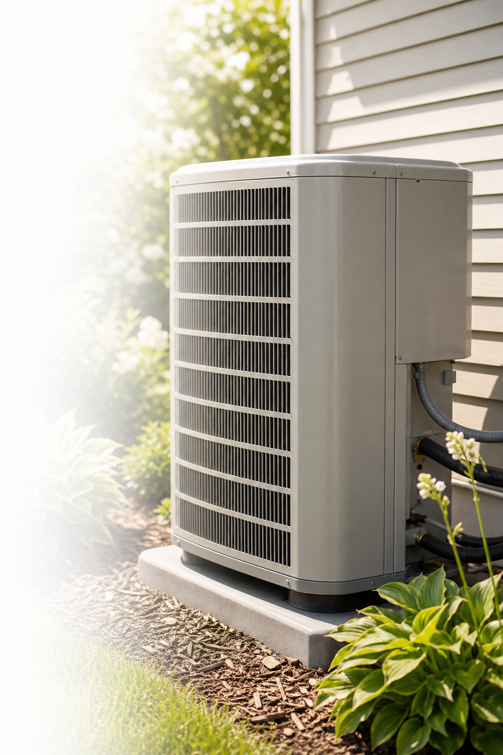 Outdoor residential HVAC unit beside a home