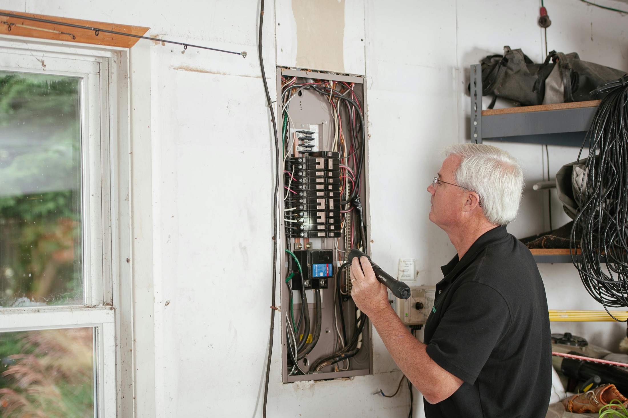 A professional inspecting a Northern Virginia home's electrical panel