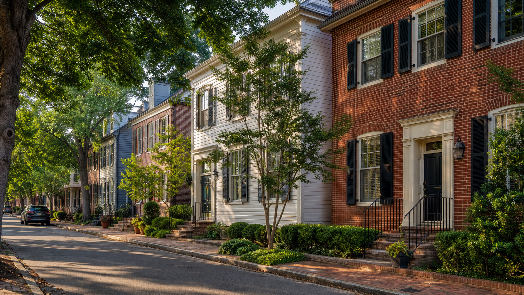 Historic brick and clapboard homes on a tree-lined street in Old Town Alexandria, Virginia