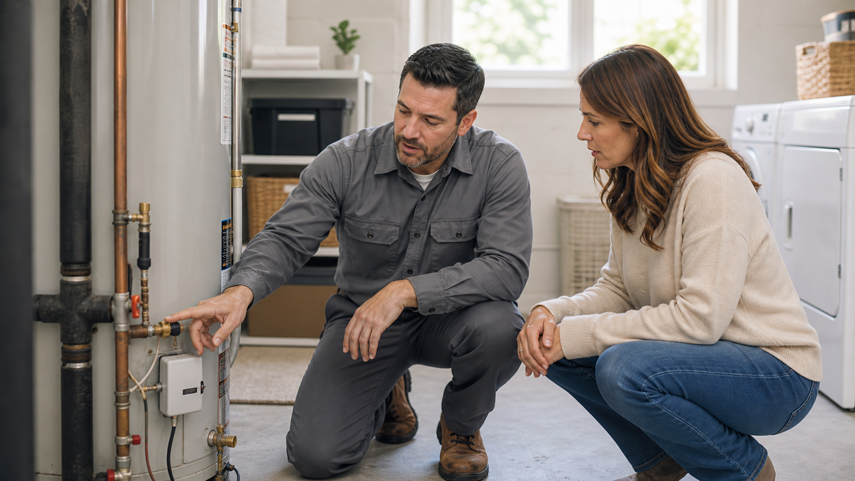 A homeowner reviewing utility repair options with a local professional